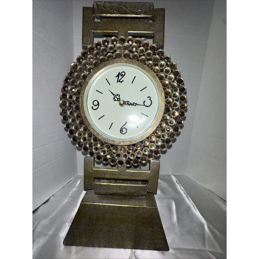 Oversized Wristwatch Style Desk Clock Gold Tone Crystal Bejeweled Table Decor